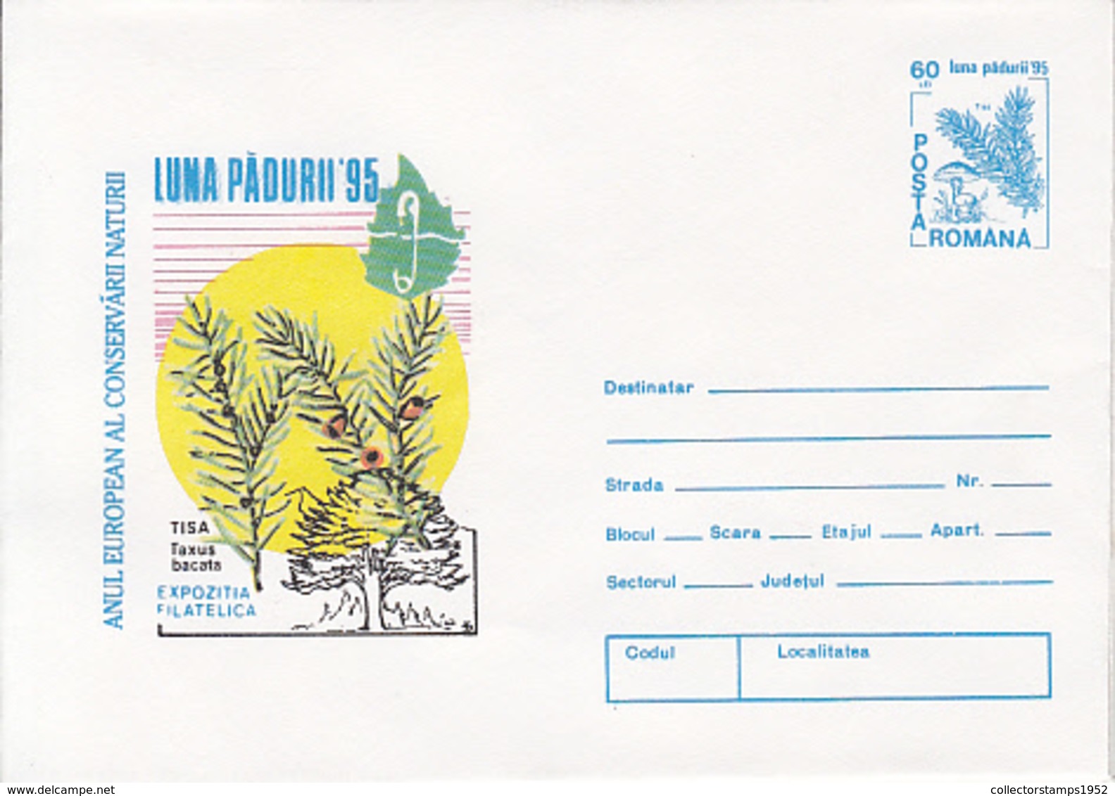 89539-COMMON YEW TREE, MUSHROOMS, FOREST'S MONTH, PLANTS, COVER STATIONERY, 1995, ROMANIA - Pilze