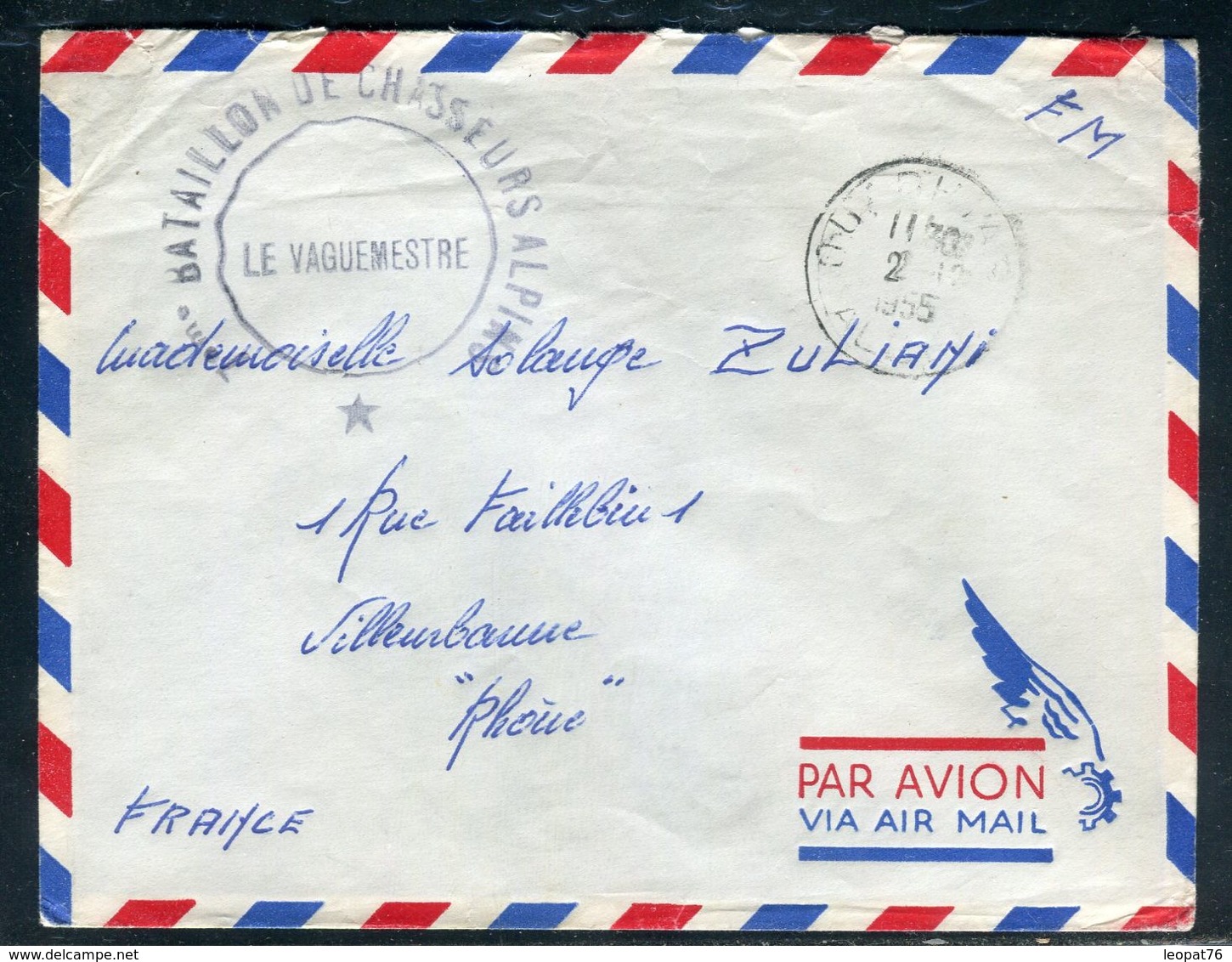 Cachet Du 7 ème Bataillon De Chasseurs Alpins Sur Enveloppe En FM Pour Villeurbanne En 1955  - Prix Fixe !!!!! - Réf A 1 - 1921-1960: Modern Period