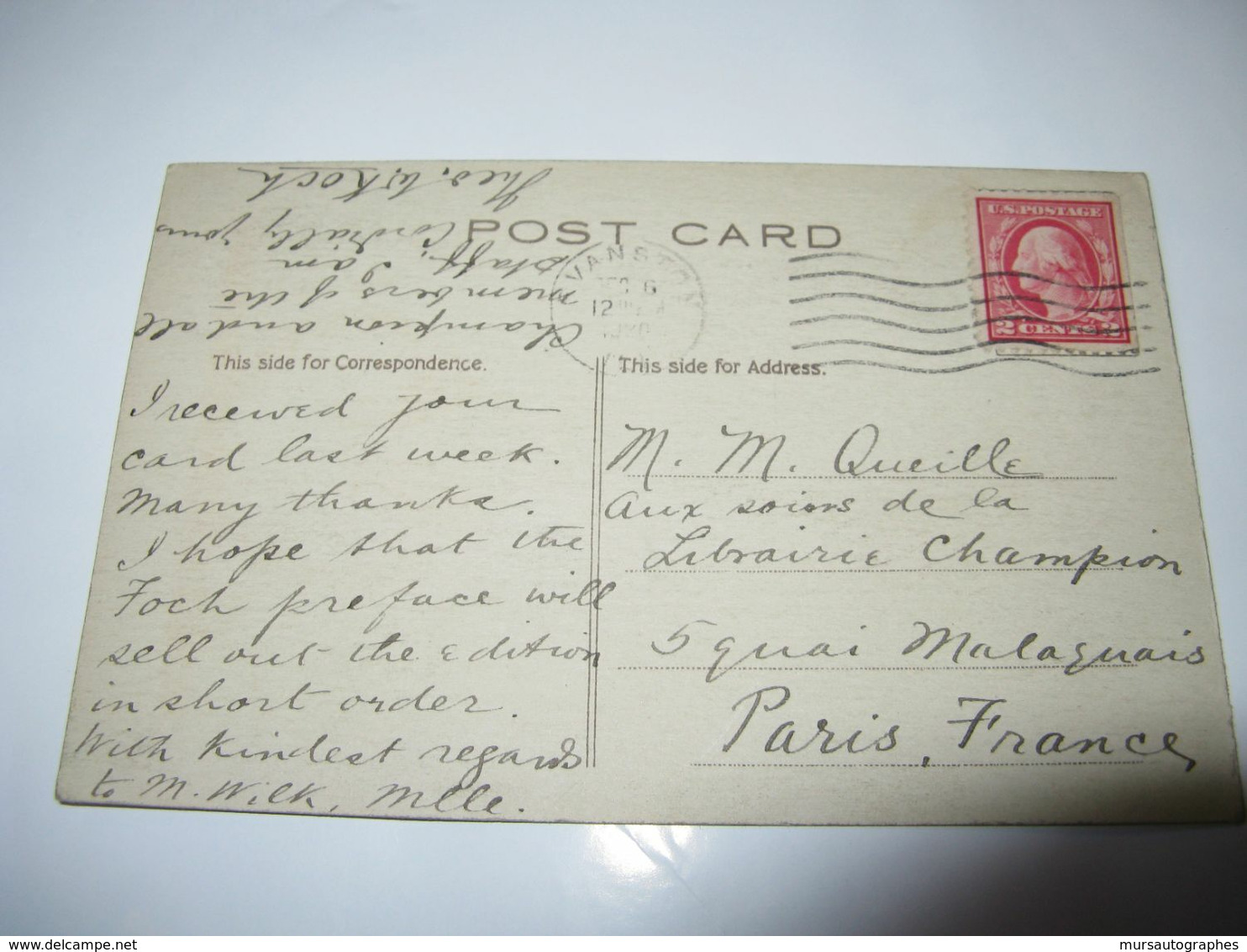 CARTE AUTOGRAPHE SIGNEE DE THEO. WESLEY KOCH 1920 BIBLIOTHECAIRE USA MICHIGAN CONGRES TRADUCTEUR FOCH - Other & Unclassified