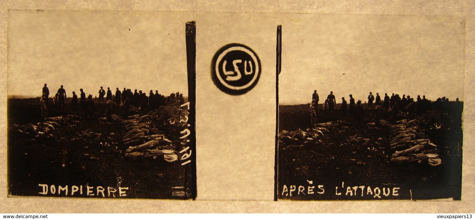 Belle collection 49 photos plaques de verre stéréo LSU Guerre 1914 1918 - 10,5x4,5 cm - tranchées cadavres Eparges &c
