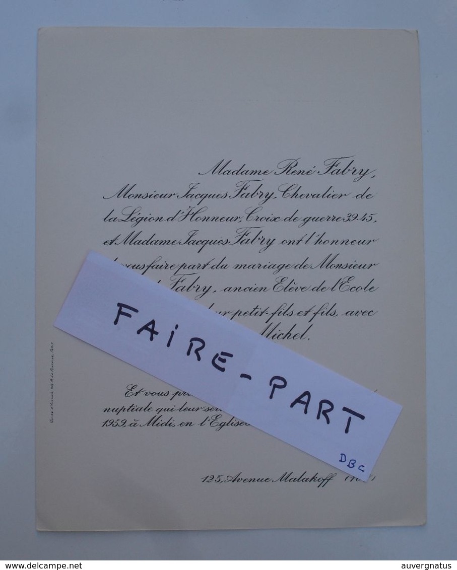 FAIRE-PART MARIAGE 1959 FABRY # MICHEL GOUIN Paris Généalogie * - Mariage
