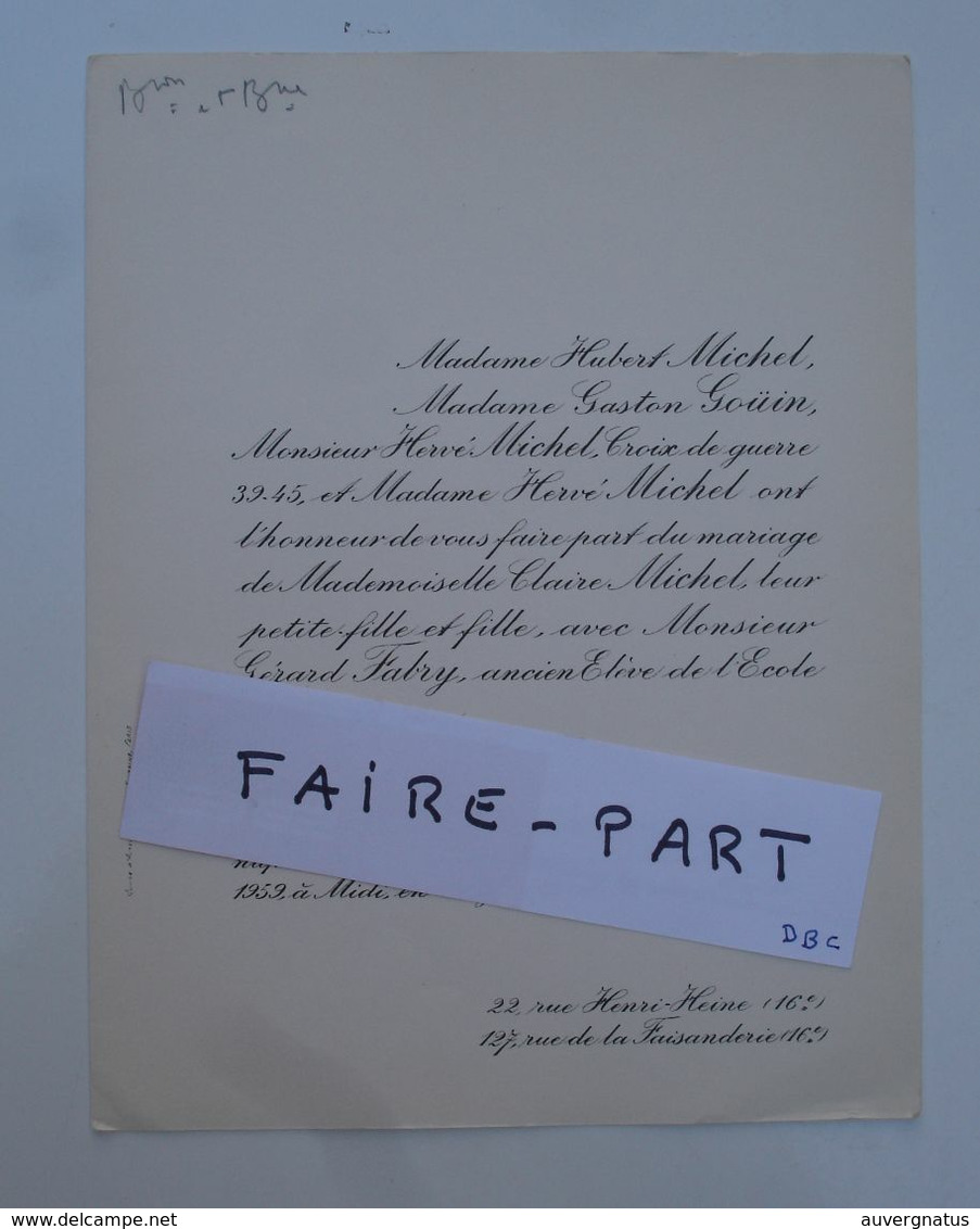 FAIRE-PART MARIAGE 1959 FABRY # MICHEL GOUIN Paris Généalogie * - Mariage