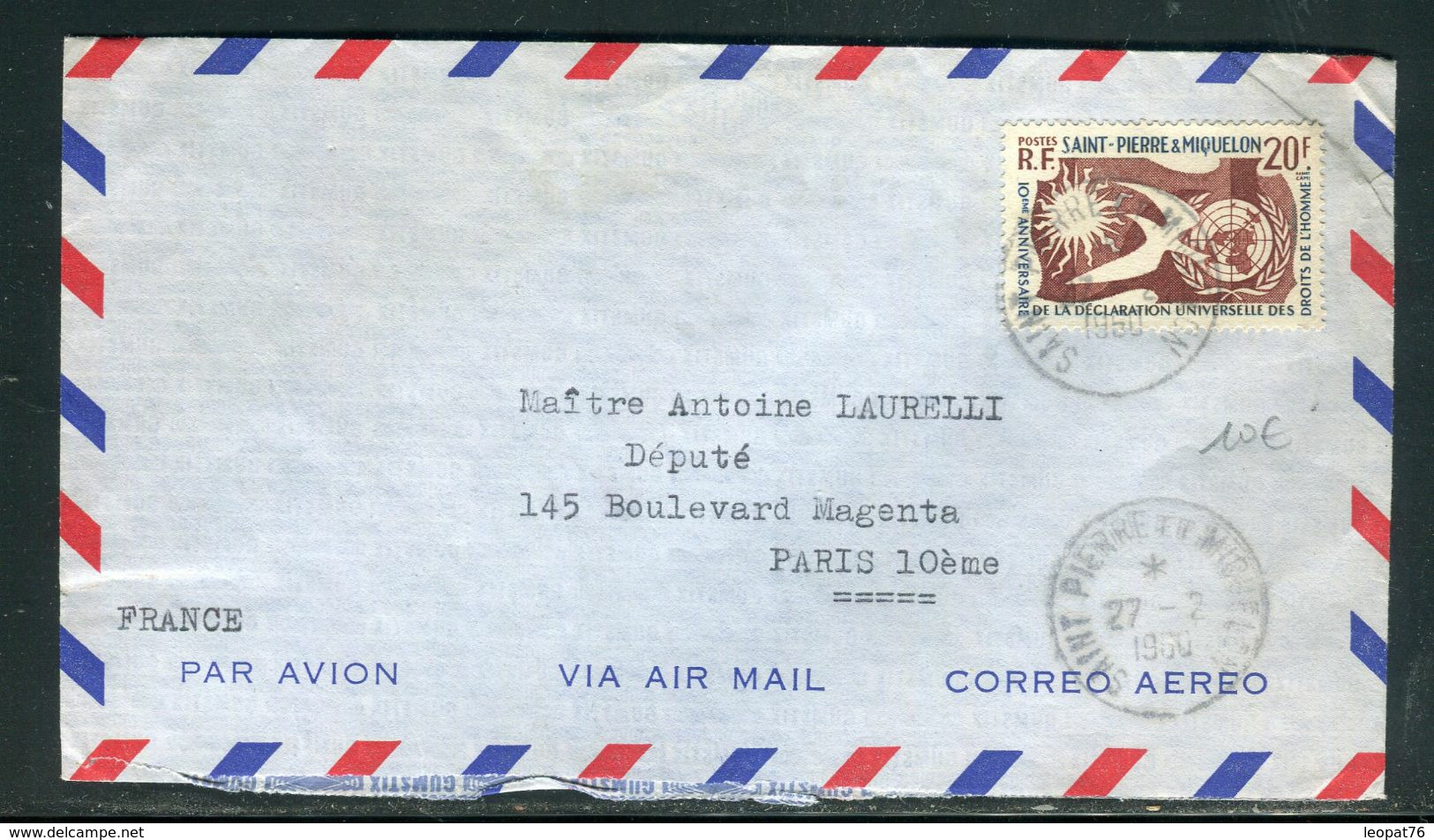 Enveloppe Du Bureau Des Finances De St Pierre Et Miquelon Pour Un Député à Paris En 1950 - Prix Fixe !!!! - Réf A 26 - Storia Postale