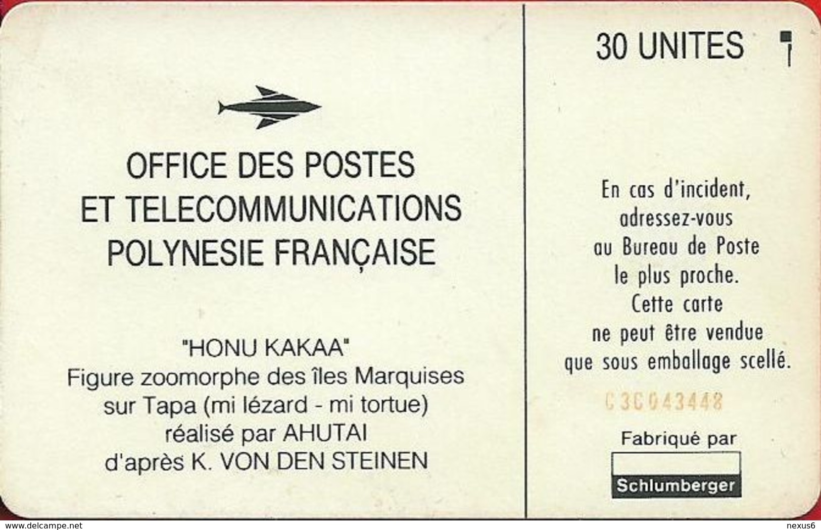 French Polynesia - OPT - Honu Kakaa - SC5, Cn. C3C043448, 01.1994, 30Units, 20.000ex, Used - Polynésie Française