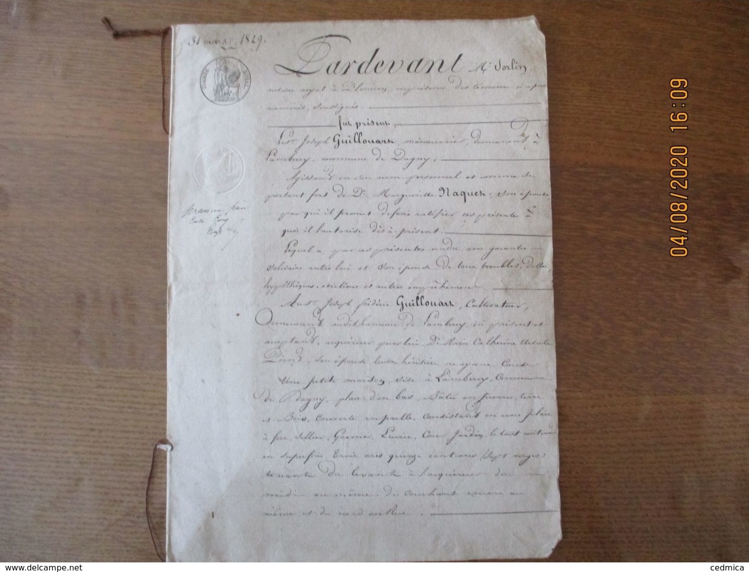 LAMBERCY LE 31 MARS 1829 VENTE PAR LE SIEUR JOSEPH GUILLOUART AU SIEUR JOSEPH FREDERIC GUILLOUART D'UNE MAISON PLACE D'E - Manuskripte