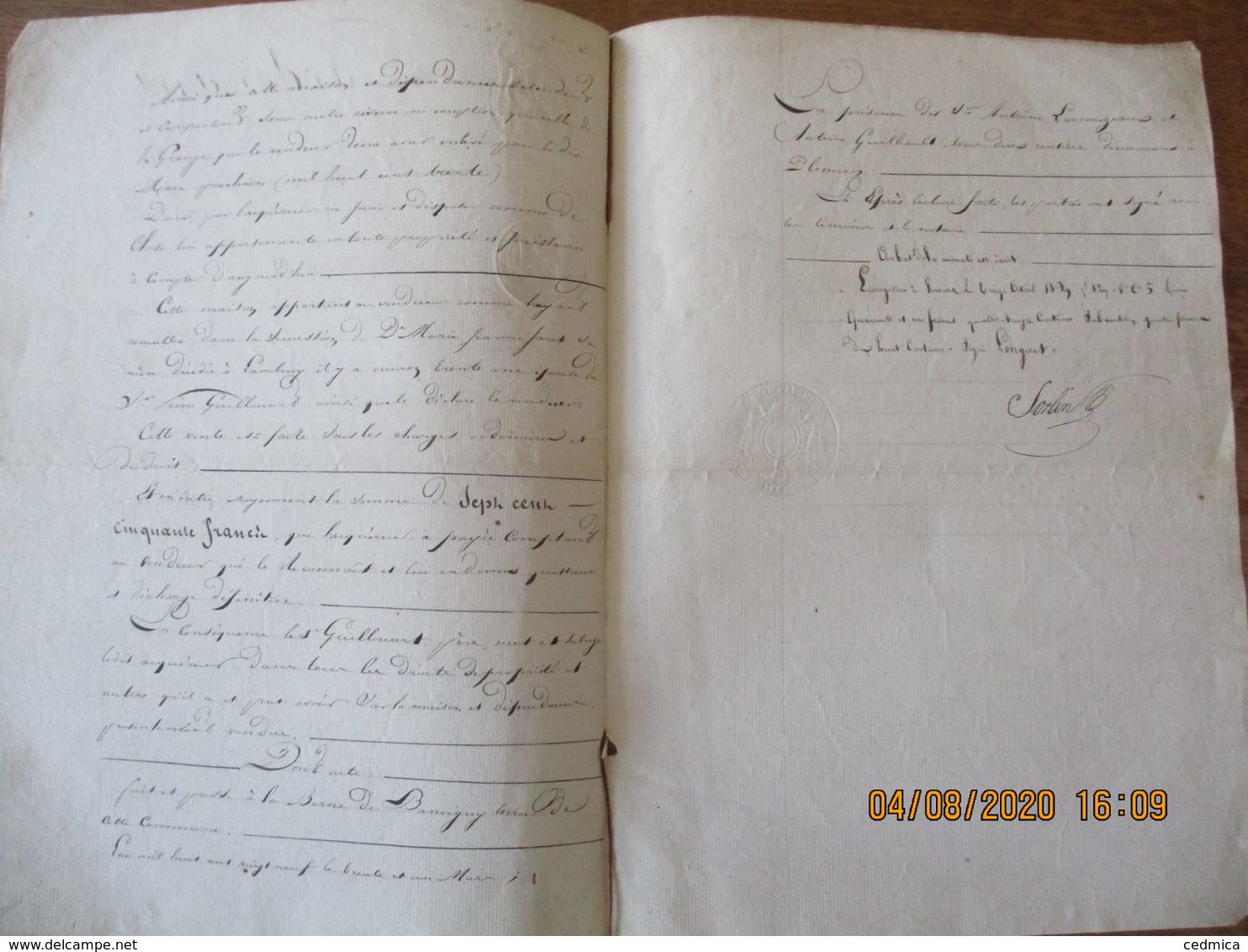 LAMBERCY LE 31 MARS 1829 VENTE PAR LE SIEUR JOSEPH GUILLOUART AU SIEUR JOSEPH FREDERIC GUILLOUART D'UNE MAISON PLACE D'E - Manuskripte
