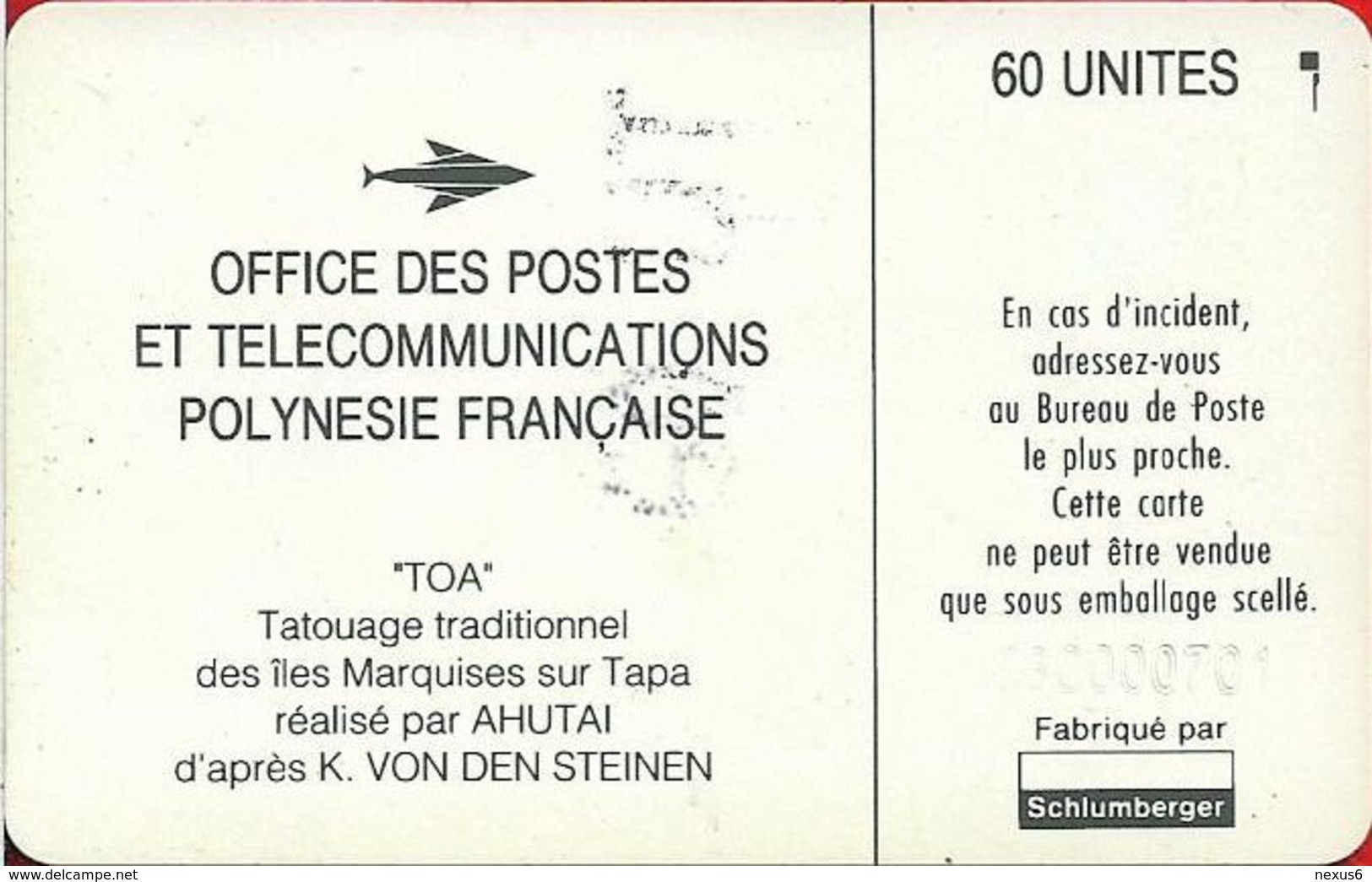 French Polynesia - OPT - Toa Tatouage Traditionnel - SC5, Cn. C3C000701, 01.1994, 60Units, 20.000ex, Used - Polynésie Française