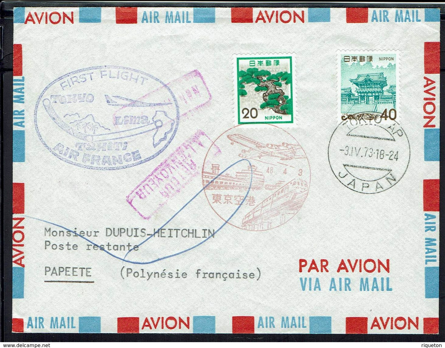 Polynésie Française - Enveloppe Premier Vol Par Air France Tokio-Tahiti 3-IV-1973 - TB - - Lettres & Documents