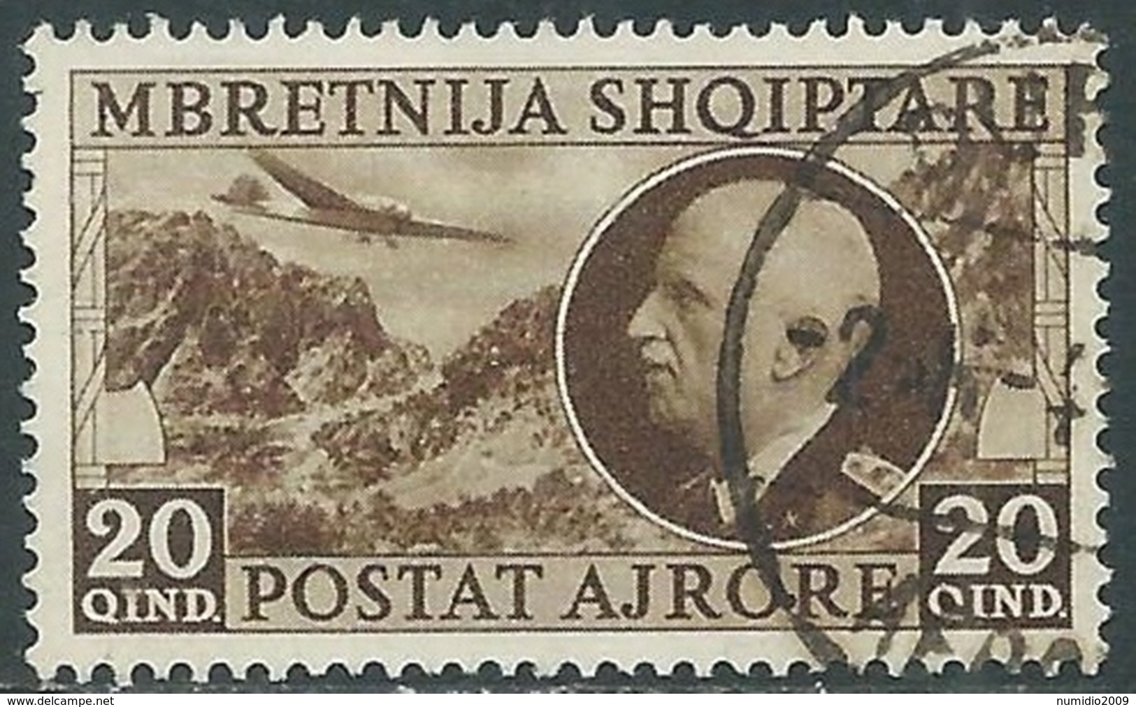 1939 ALBANIA POSTA AEREA USATO EFFIGIE 20 Q - RA18-5 - Albanië