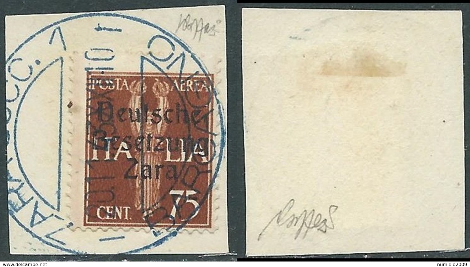 1943 OCCUPAZIONE TEDESCA ZARA POSTA AEREA USATO 75 CENT CERTIFICATO - E175 - German Occ.: Zante