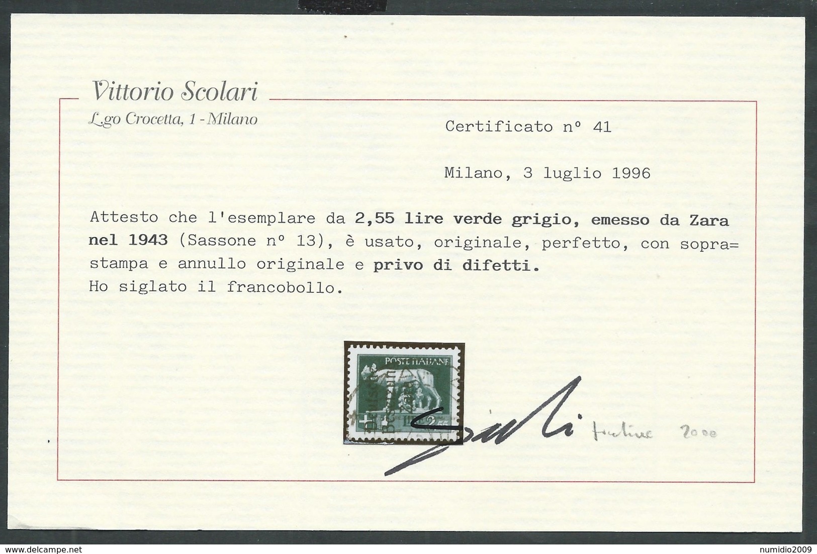 1943 OCCUPAZIONE TEDESCA ZARA USATO LUPA 2,55 LIRE CERTIFICATO - E175 - Duitse Bez.: Zante