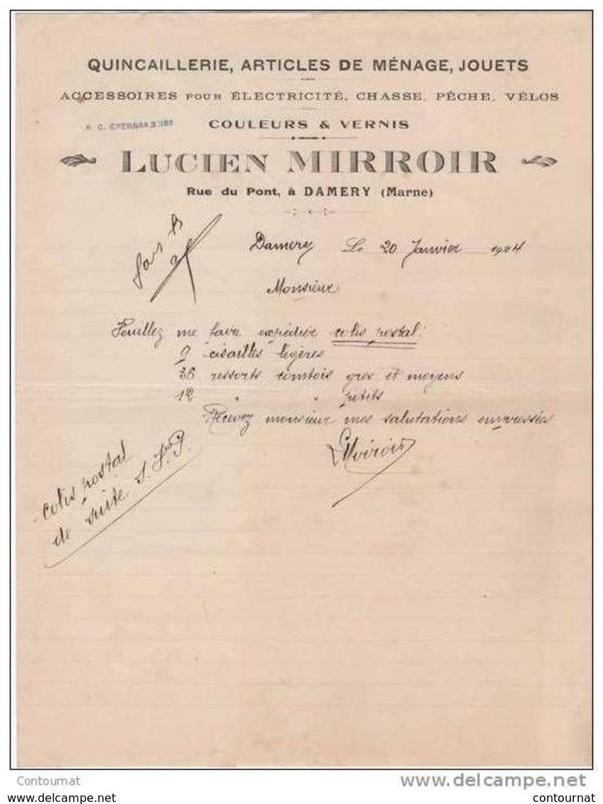 51 DAMERY Près EPERNAY COURRIER 1924  QUINCAILLERIE JOUETS Couleurs & Vernis Lucien MIRROIR - V17 - 1900 – 1949