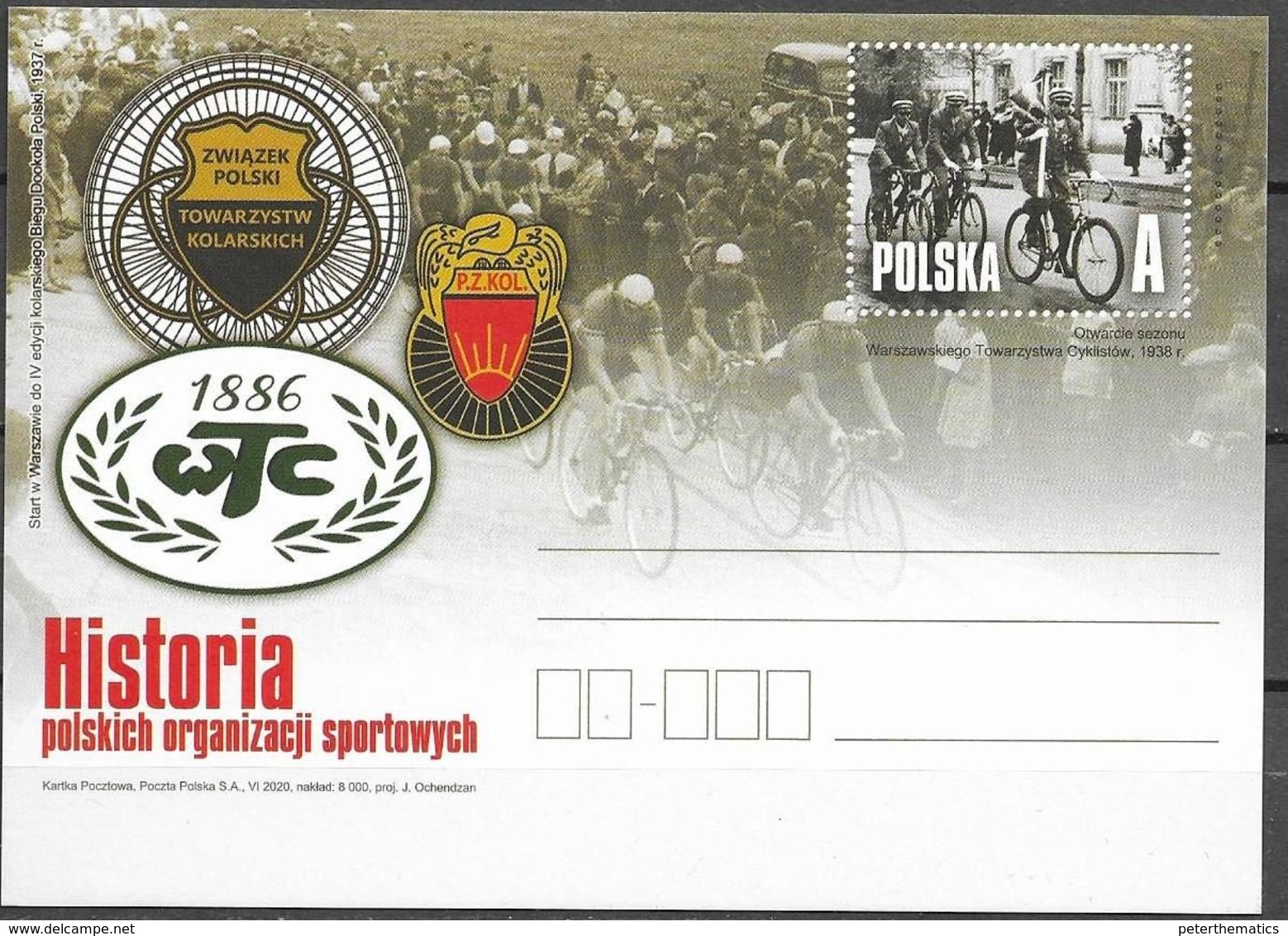 POLAND, 2020, MINT POSTAL STATIONERY, PREPAID POSTCARD, CYCLING, BICYCLES, HISTORY OF POLISH SPORT ORGANIZATIONS - Ciclismo
