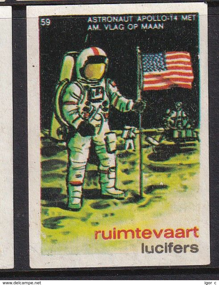 Netherlands Space Weltraum Espace: Lucifers Matchbox Label USA Apollo 14; Astronaut With American Flag - Zündholzschachteletiketten