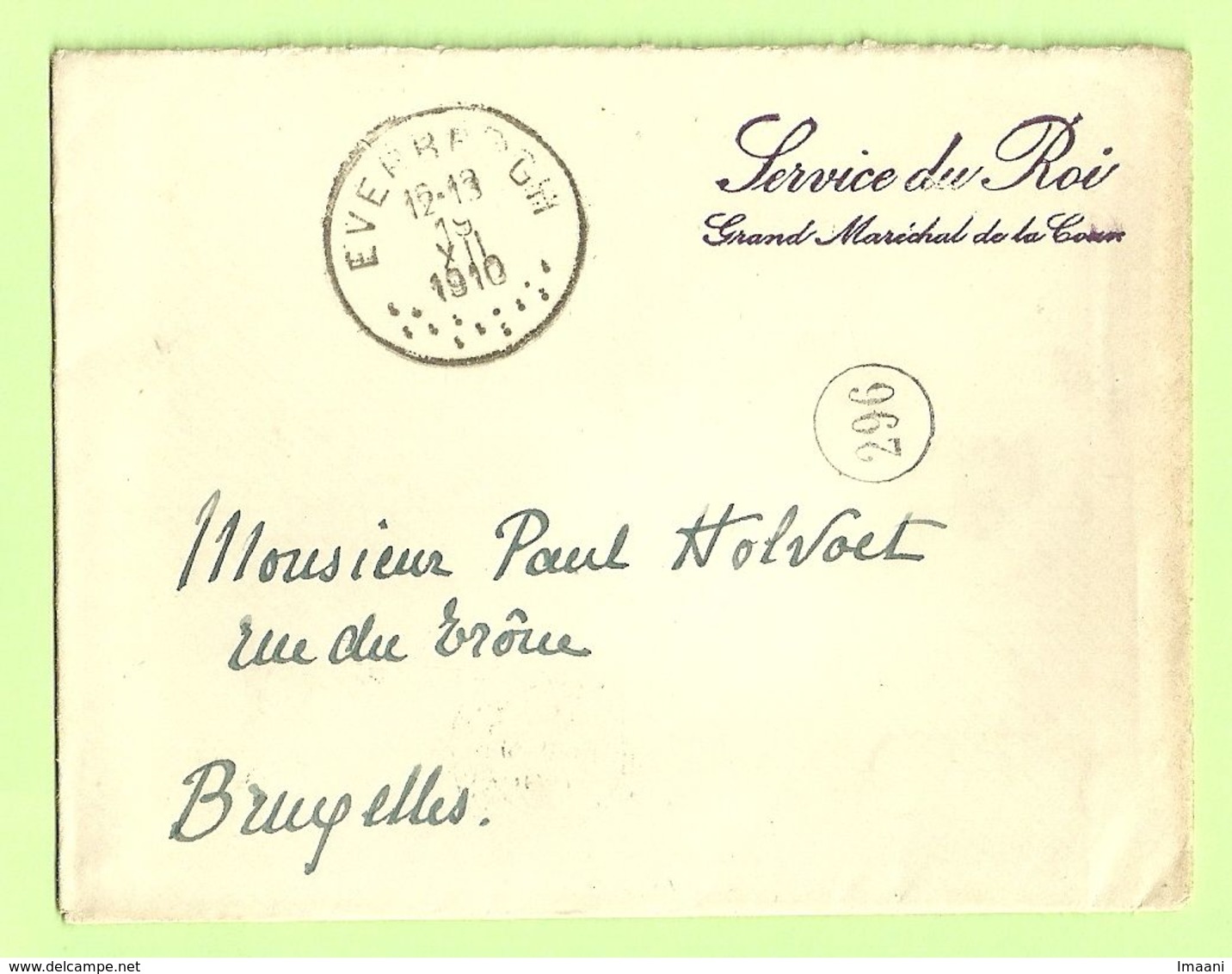 Lettre En Franchise Service Du Roi GD Maréchal De La Cour C.Everbergh 19/12/1911 Verso C.Privé Du Château (K5211) - Franchise