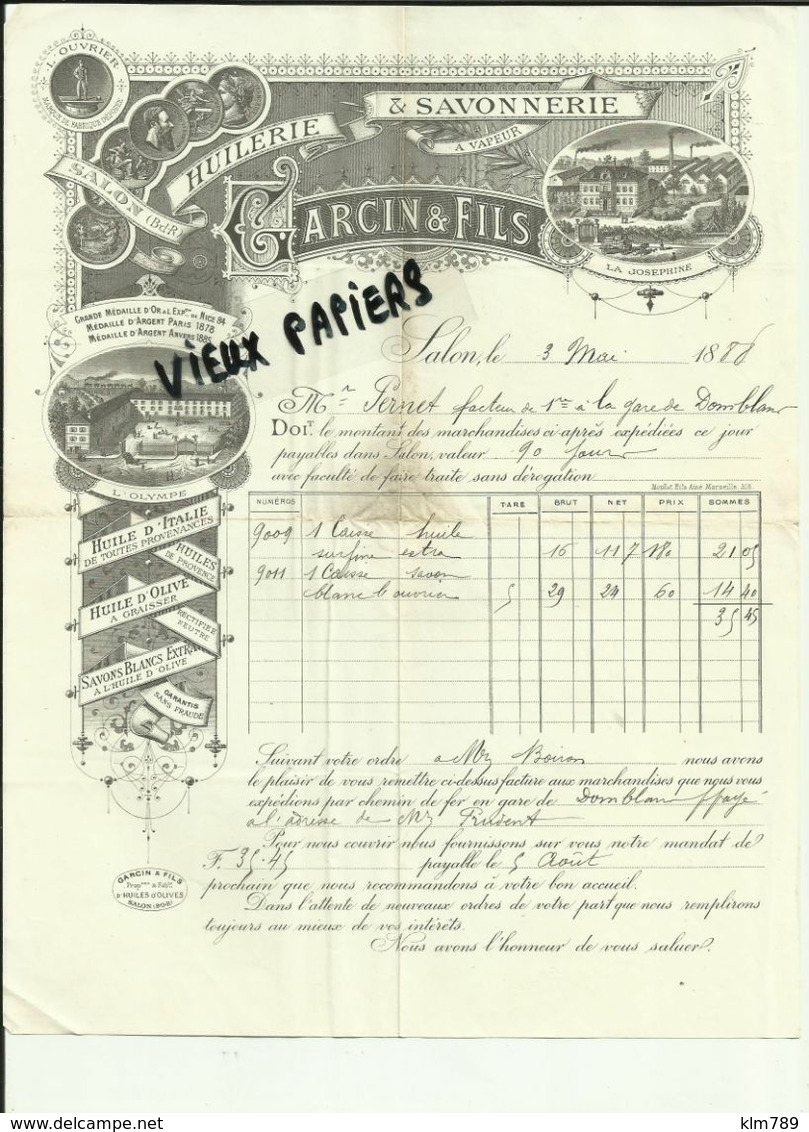 13 - Bouches Du Rhone - Salon  - Facture Garcin &  Fils -Huilerie - Belle Vignette - 1888 - Réf. 44 . - 1800 – 1899