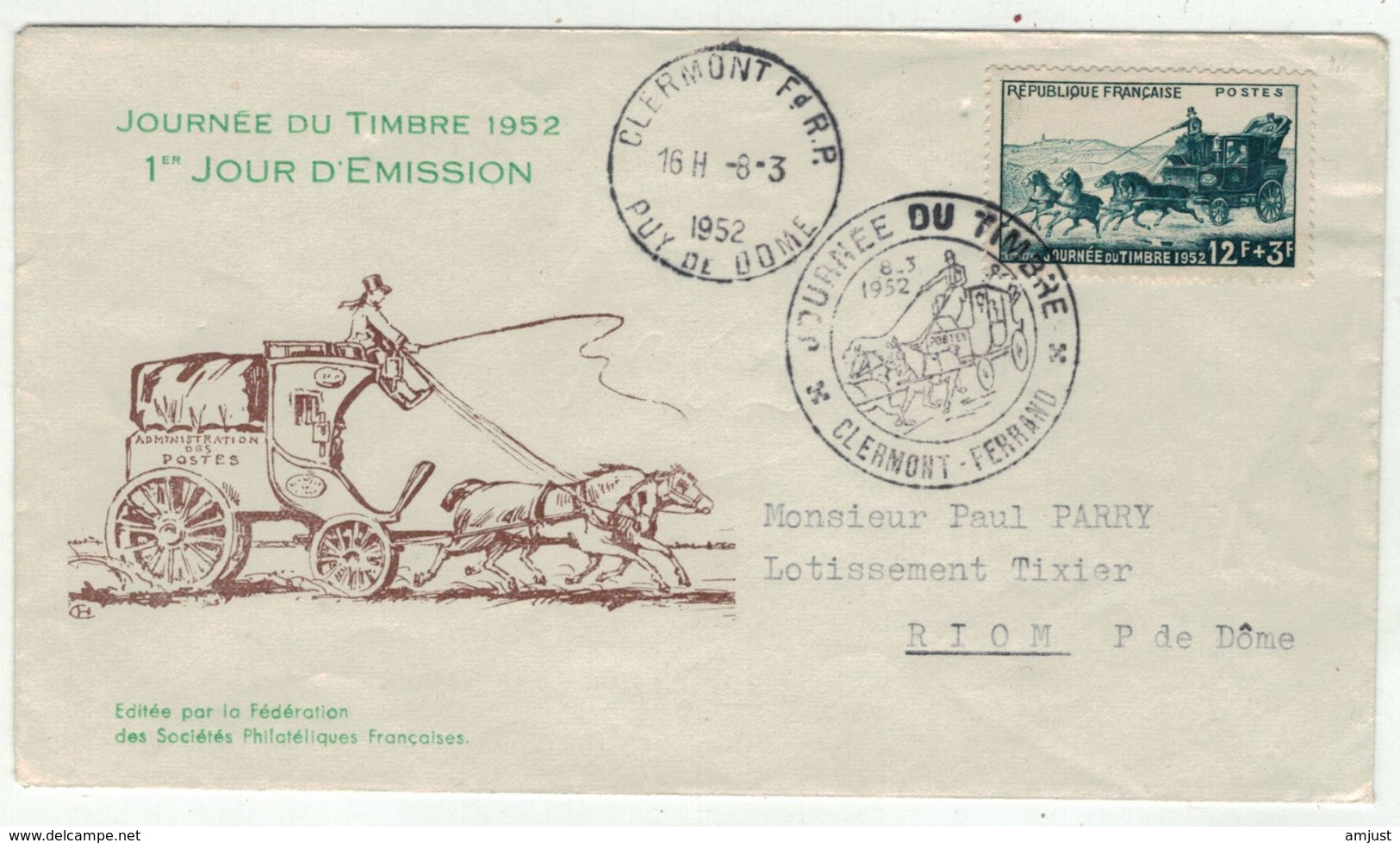 France // FDC // Journée Du Timbre 1952 Clermont-Ferrant - 1950-1959