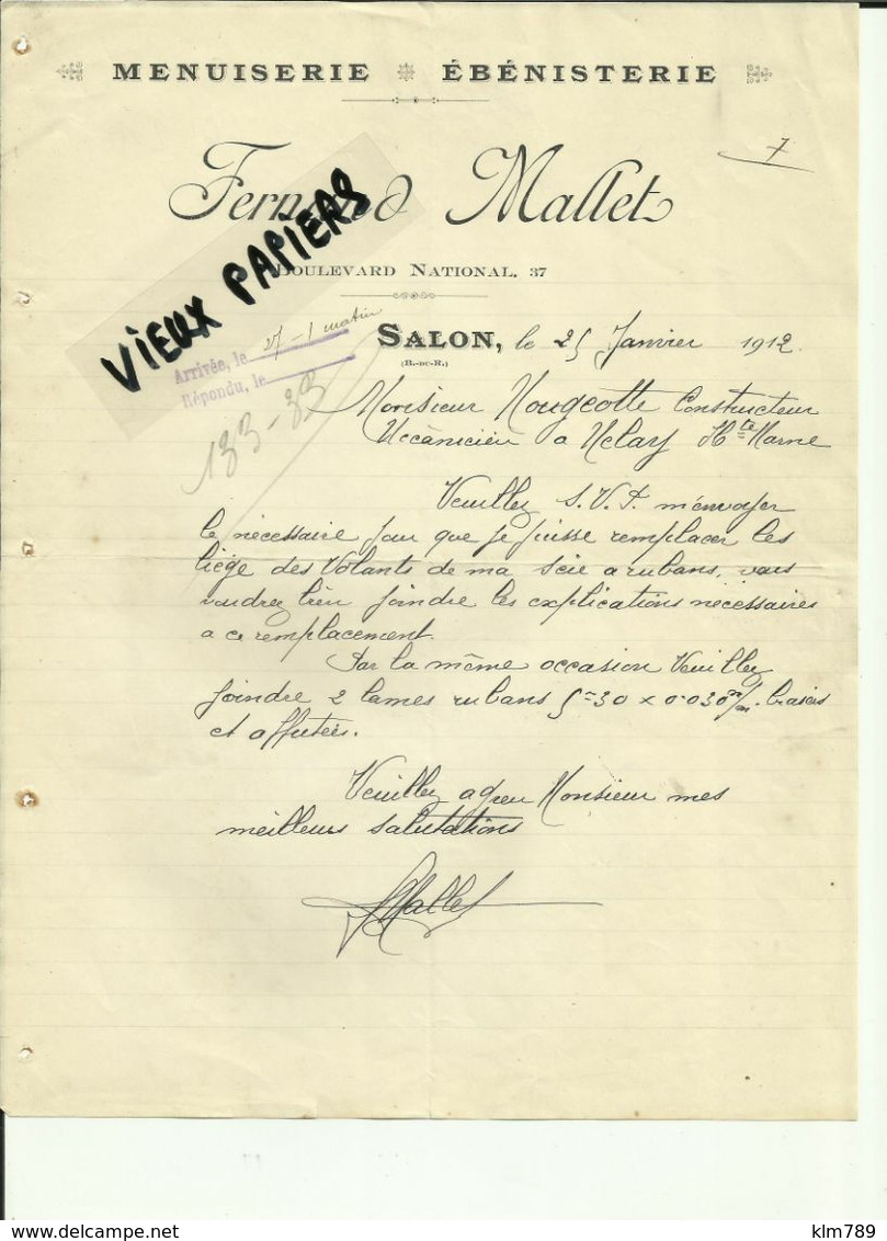 13 - Bouches Du Rhone - Salon  - Facture Fernand Mallet - Menuiserie  -1912 - Réf. 44 . - 1900 – 1949