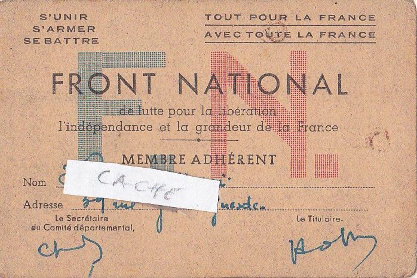 Carte FRONT NATIONAL De Lutte Pour La Libération L'indépendance Et La Grandeur De La France 194. - Altri & Non Classificati