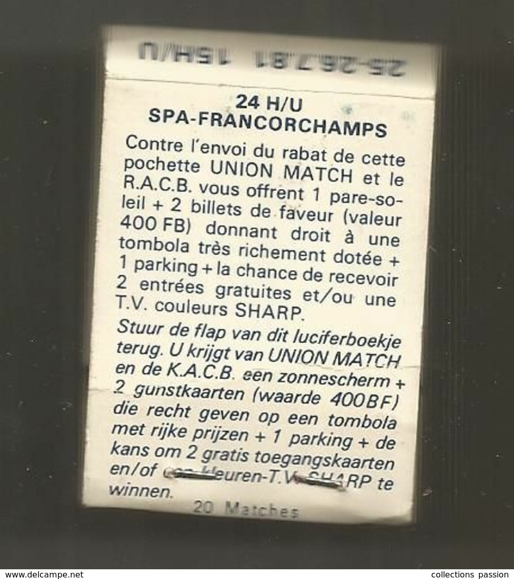 Boite D'allumettes , Pochette, Sport Automobile , FRANCORCHAMPS , Belgique , Trophée Diners Club ,RACB ,KACB , 2 Scans - Zündholzschachteln