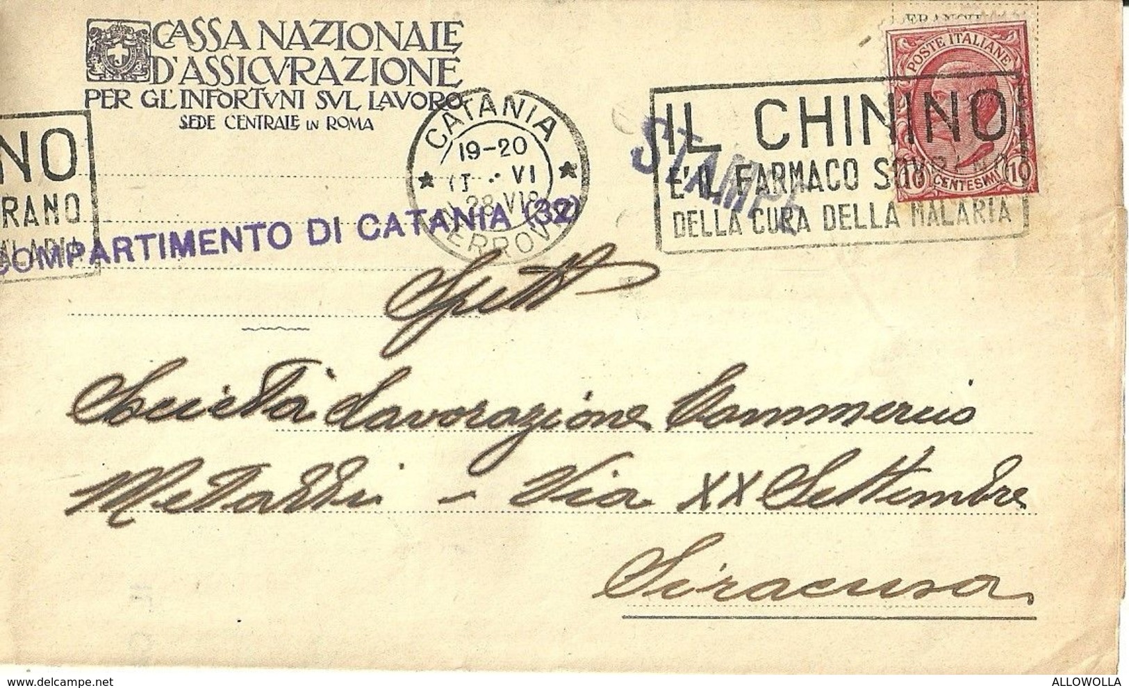 8846"CASSA NAZIONALE D'ASSICURAZIONE PER GL'INFORTUNI SUL LAVORO-ROMA-COMP. DI CATANIA"-LETTERA ORIG. SPED. 1928 - Italien