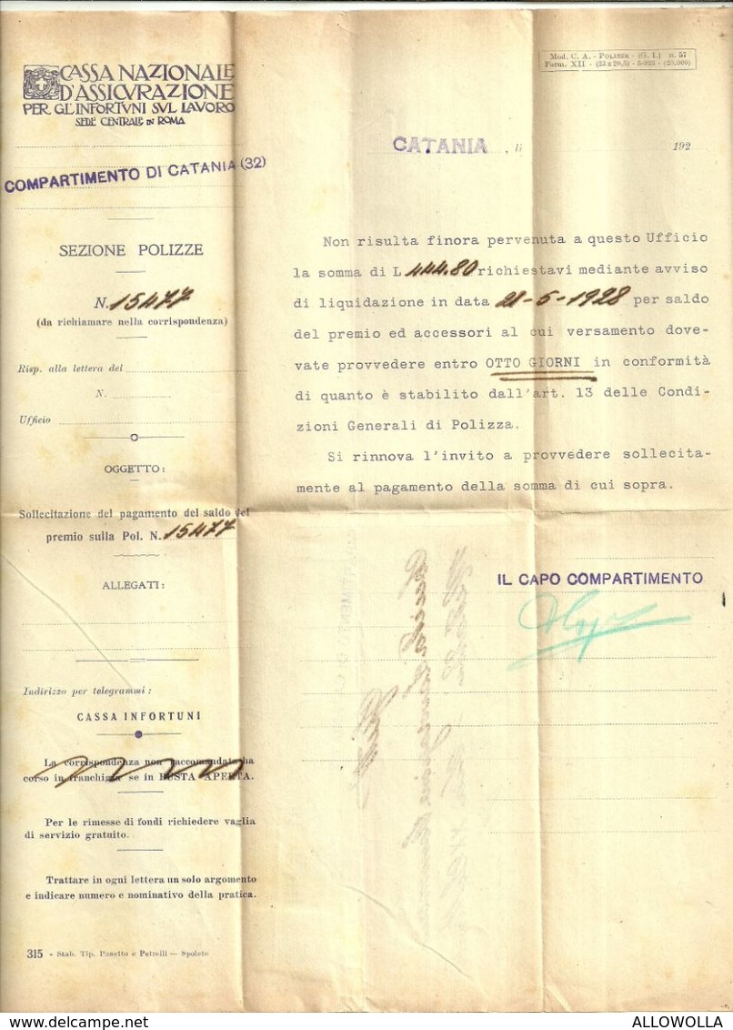 8846"CASSA NAZIONALE D'ASSICURAZIONE PER GL'INFORTUNI SUL LAVORO-ROMA-COMP. DI CATANIA"-LETTERA ORIG. SPED. 1928 - Italien