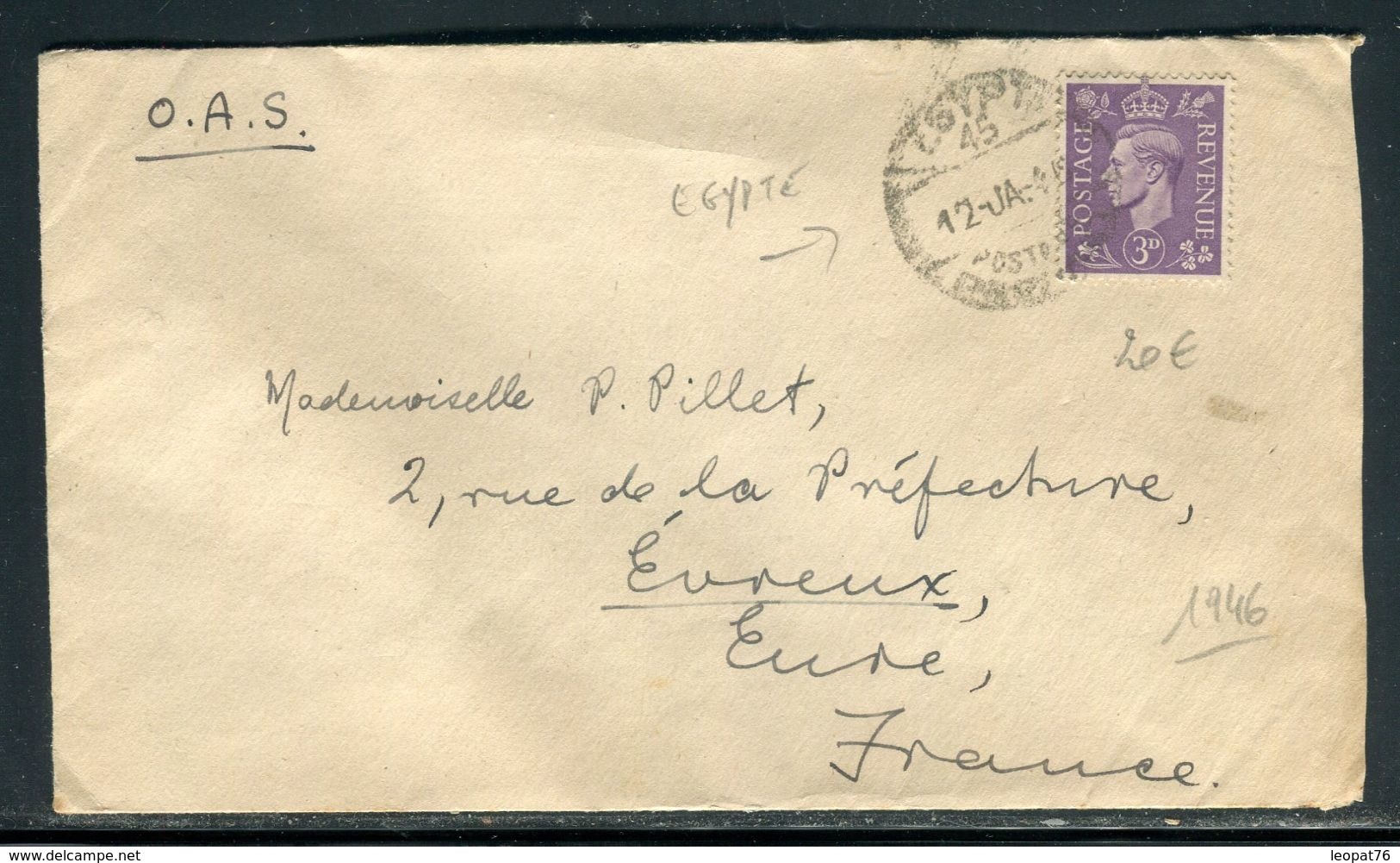 Royaume Uni - Enveloppe D'un Soldat En Egypte Pour La France En 1946 - Prix Fixe !!!! - Réf A 40 - British Levant