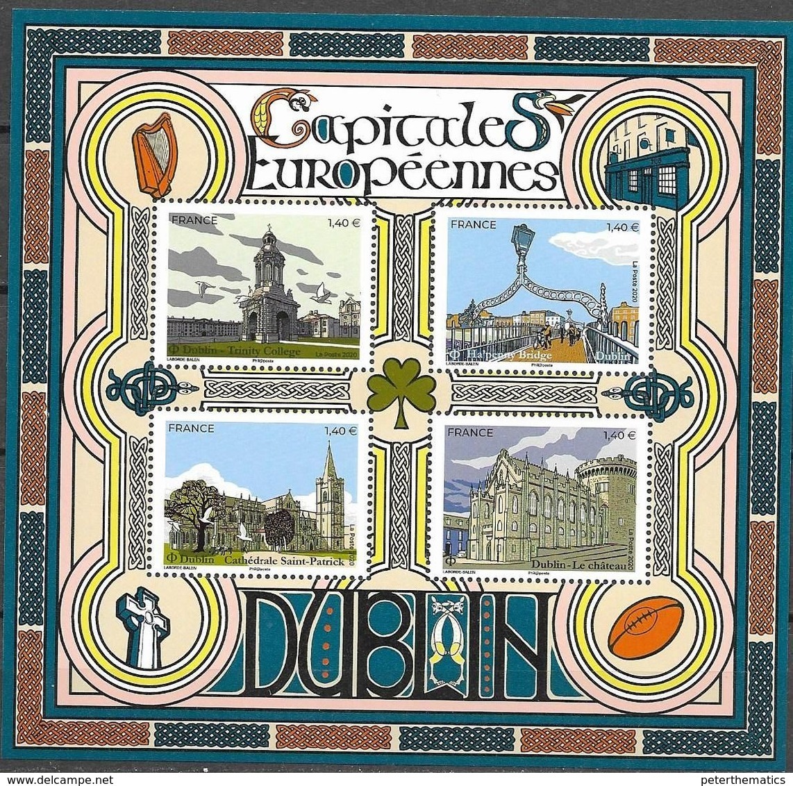 FRANCE, 2020, MNH, EUROPEAN CAPITALS, DUBLIN, BRIDGES, CATHEDRALS, CASTLES, TRINITY COLLEGE, SHEETLET - Churches & Cathedrals