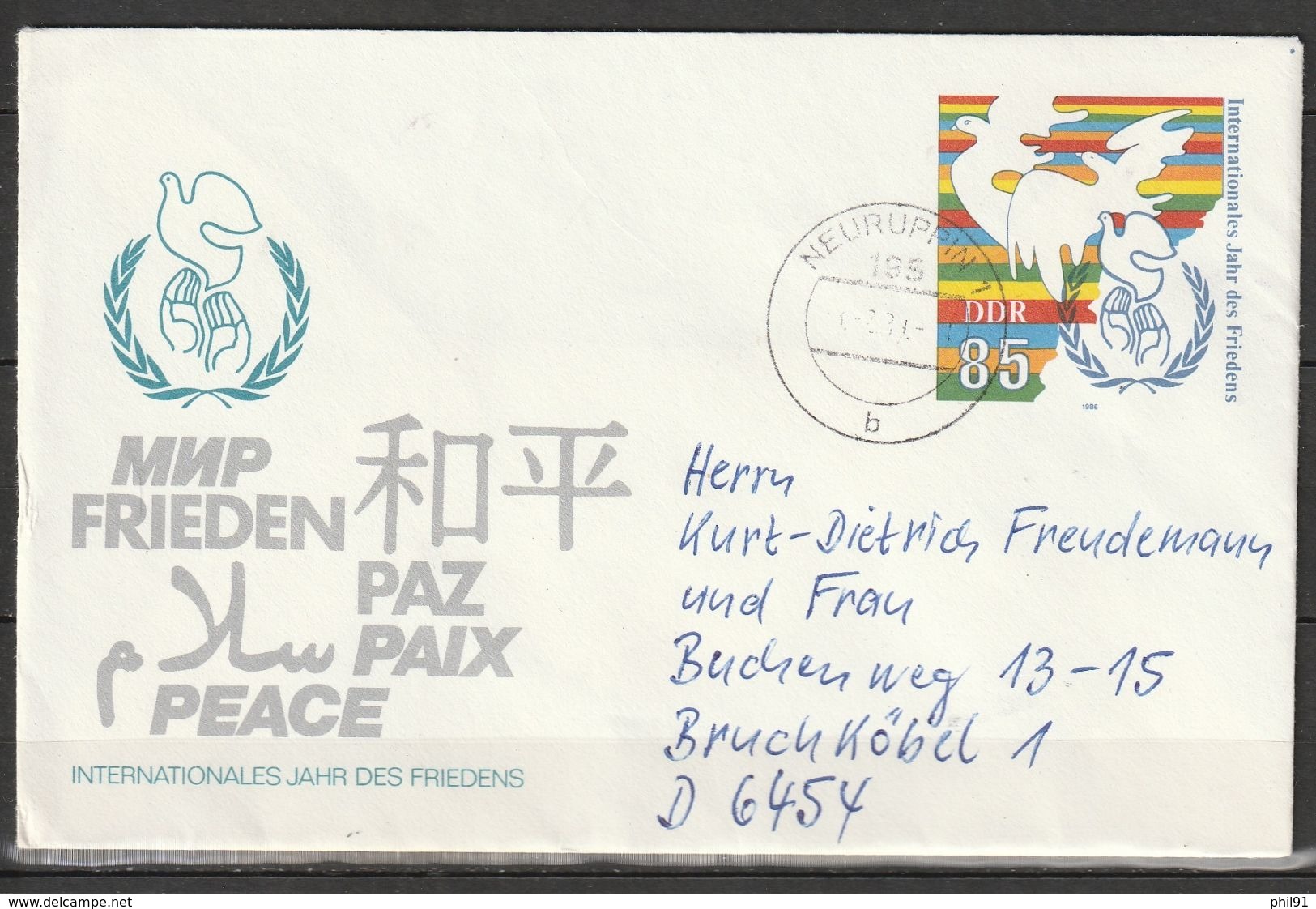 R.D.A.   Jahr Des Friedens 1986    Entier Postal - Enveloppes - Oblitérées