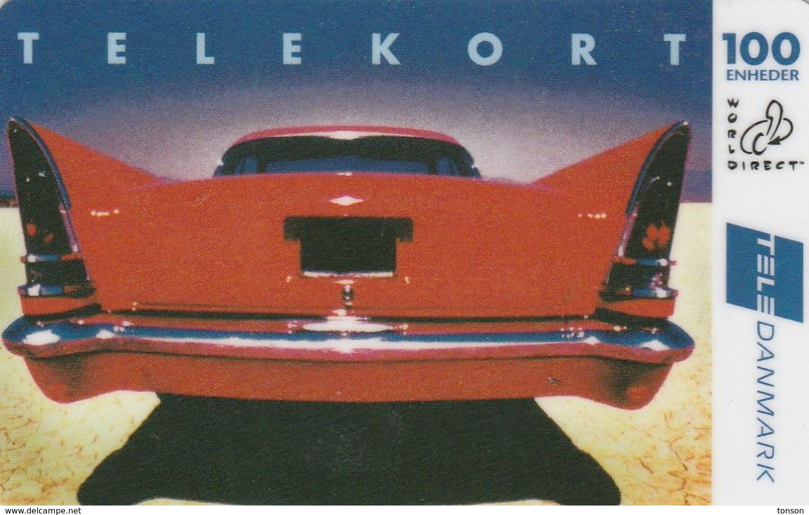 Denmark, DK-REM-WOD-0001, 100 Kr,  TeleDanmark World Direct, Red Car, 2 Scans.  Please Read - Denmark