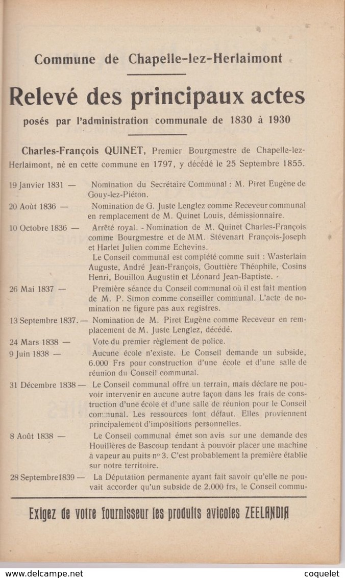 Chapelle lez Herlaimont -1930 - Centenaire Indépendance Nationale  Histoire du dernier siècle -avec publicité de 85 co..