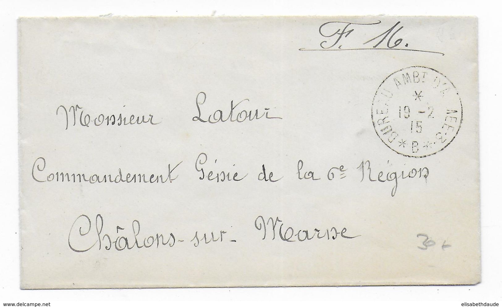 1915 - BUREAU AMBULANT D'ARMEE.3 "B" RARE Sur ENVELOPPE FM => CHALONS SUR MARNE - 1. Weltkrieg 1914-1918