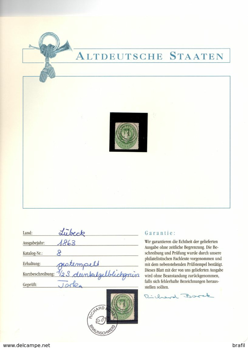 1863 Germania Luebeck, Valore Usato Nr.8, Certificato Richard Borek - Luebeck