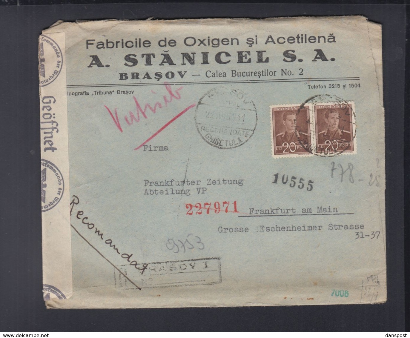 Rumänien Romania Luftpost R-Brief 1941 Brasov Nach Frankfurt Zensur - World War 2 Letters