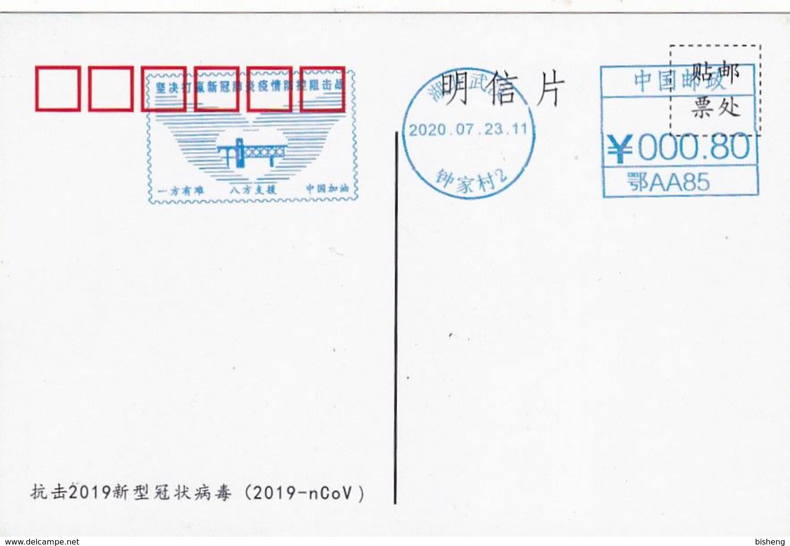 Cancelled Postcard: China 2020 Anti COVID -19 Postage Machine Stamp Of 'Fight The Epidemic, Support From All Parties' - Otros & Sin Clasificación