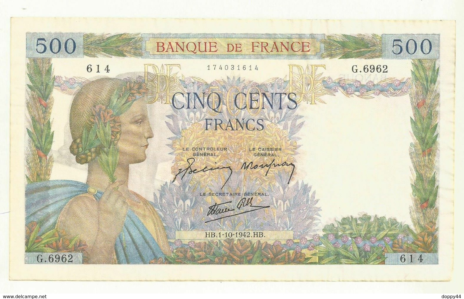 BILLET  500 FRANCS TYPE LA PAIX  N° HB.1/10/1942.HB.  SERIE  614/ G.6962  ETAT SUP  AUCUN TROUS NI PLIURE  F.32-41 - 500 F 1940-1944 ''La Paix''