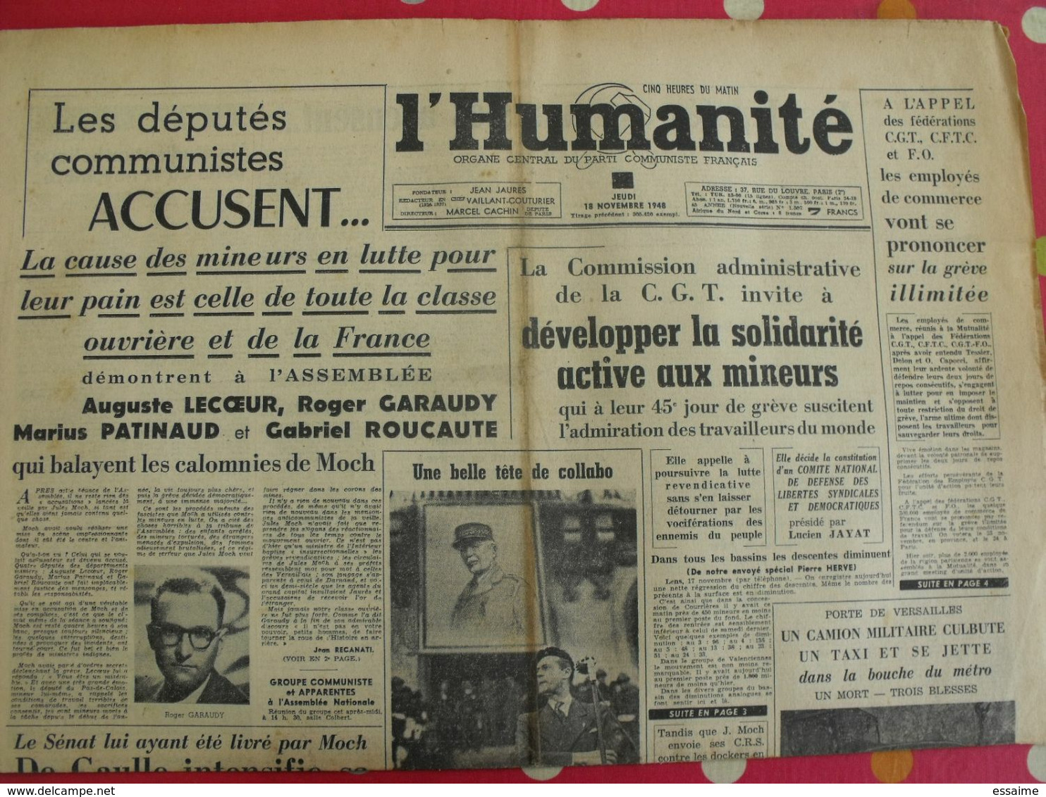 Journal L'Humanité Du 18 Novembre 1948. Collabo Cachin Moch Cause Des Mineurs Garaudy - Autres & Non Classés