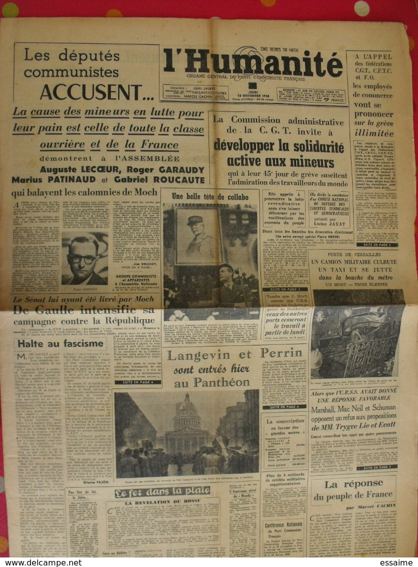 Journal L'Humanité Du 18 Novembre 1948. Collabo Cachin Moch Cause Des Mineurs Garaudy - Autres & Non Classés