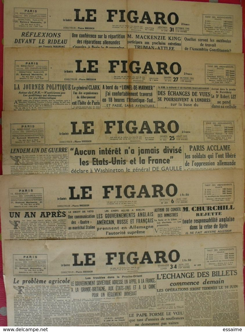 5 N° Du Journal Le Figaro De 1945. De Gaulle Résistance Brigandage Laval Staline Churchill Syrie Liban Japon Suicide Ley - Andere & Zonder Classificatie