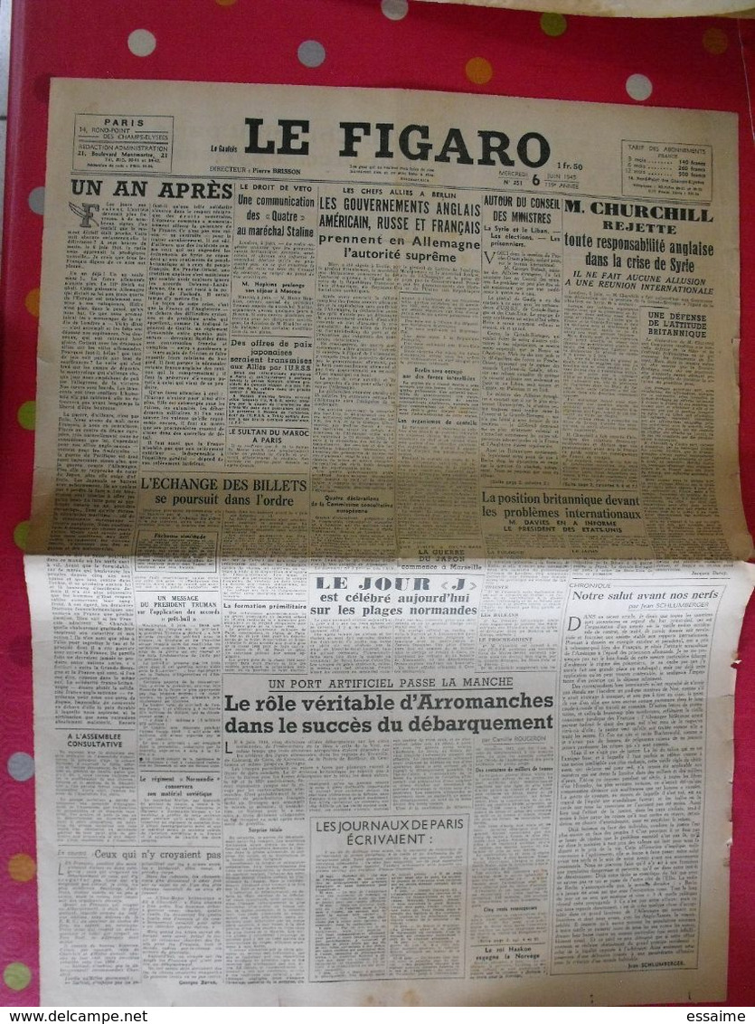 5 n° du Journal Le Figaro de 1945. De Gaulle résistance brigandage Laval Staline Churchill Syrie Liban Japon suicide ley