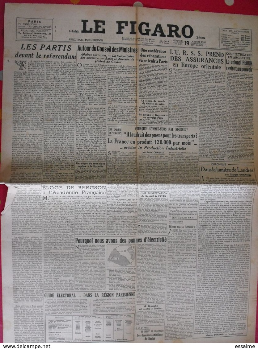 3 n° du Journal Le Figaro de 1945. De Gaulle Argentine Peron Quisling capitulation Japon Mauriac Siegfried