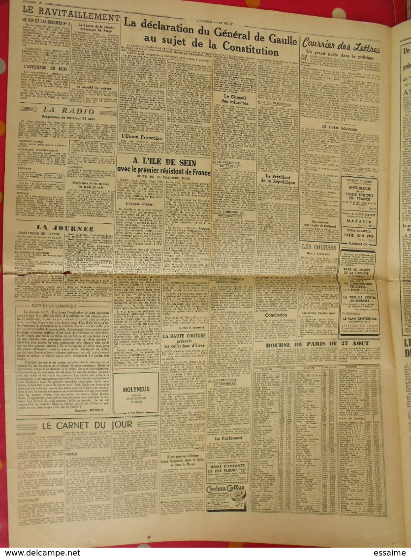 3 n° du Journal Le Figaro de 1946. Berlin Bromberger Guermantes clara Petacci hanoï Nuremberg Streicher De Gaulle