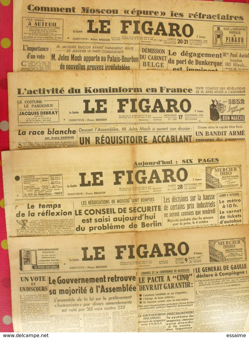 4 N° Du Journal Le Figaro De 1948. Louis Jouvet Inde Jules Moch Siegfried Schumann De Gaulle - Autres & Non Classés