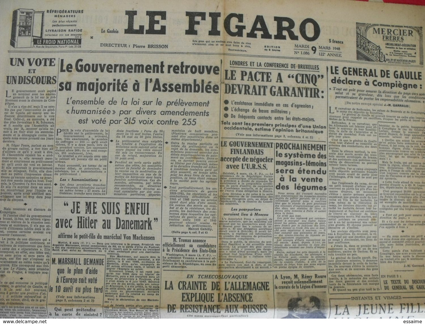 4 N° Du Journal Le Figaro De 1948. Louis Jouvet Inde Jules Moch Siegfried Schumann De Gaulle - Andere & Zonder Classificatie