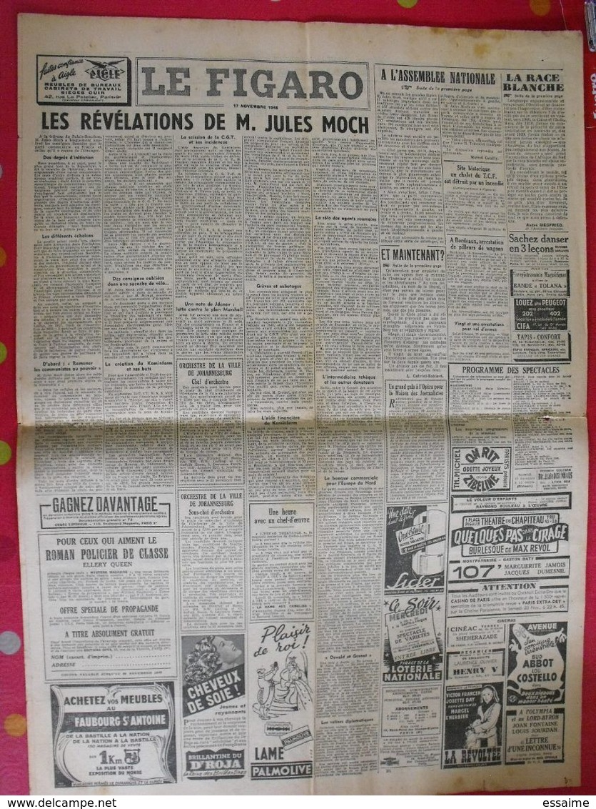 4 n° du Journal Le Figaro de 1948. louis jouvet inde jules moch siegfried schumann De Gaulle