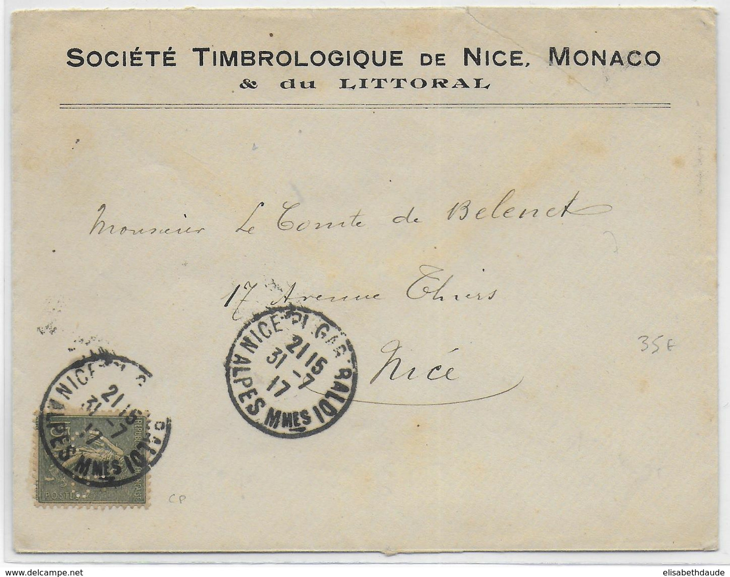 1917 - RARE SEMEUSE PERFOREE C.P Sur ENVELOPPE De La SOCIETE TIMBROLOGIQUE De NICE, MONACO, Et Du LITTORAL - Autres & Non Classés