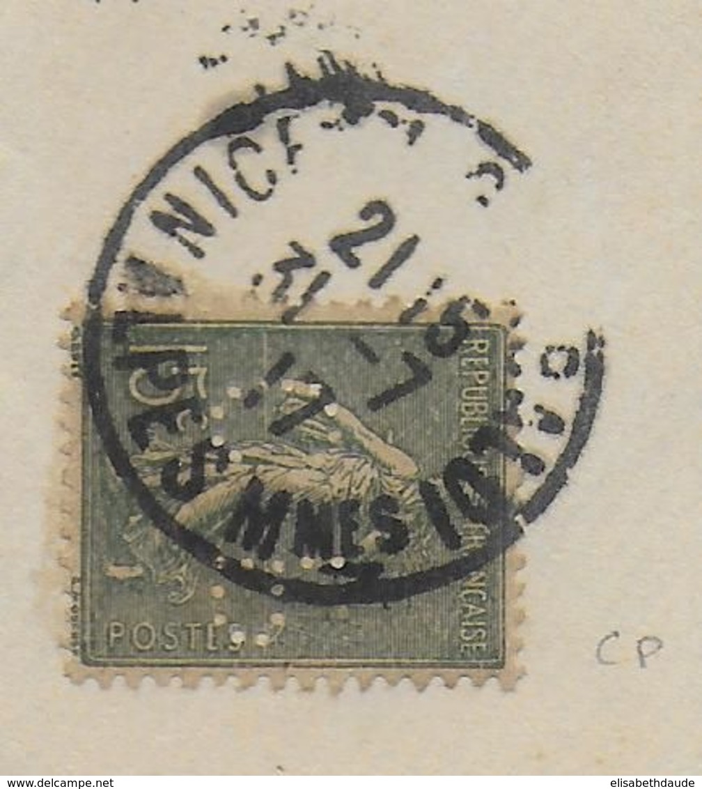 1917 - RARE SEMEUSE PERFOREE C.P Sur ENVELOPPE De La SOCIETE TIMBROLOGIQUE De NICE, MONACO, Et Du LITTORAL - Altri & Non Classificati