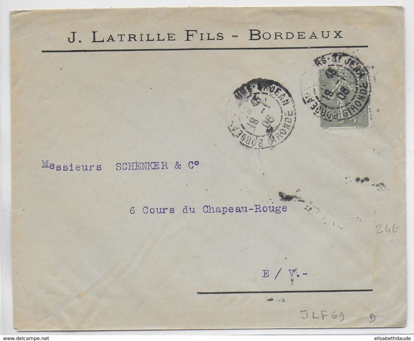 1906 - SEMEUSE PERFOREE JLF Sur ENVELOPPE J.LATRILLE De BORDEAUX (GIRONDE) - Andere & Zonder Classificatie