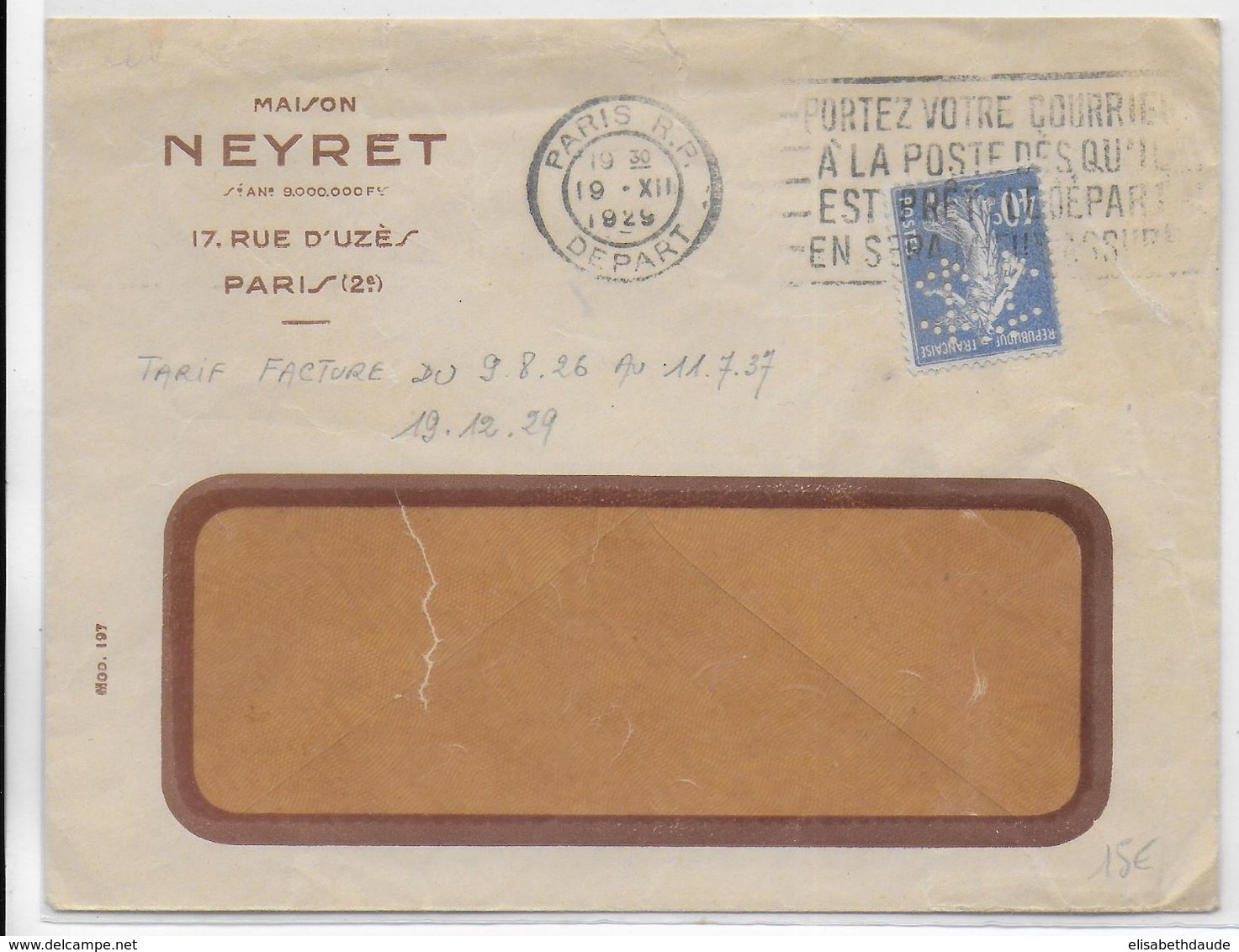 1929 - SEMEUSE PERFOREE  Sur ENVELOPPE MAISON NEYRET De PARIS - Autres & Non Classés