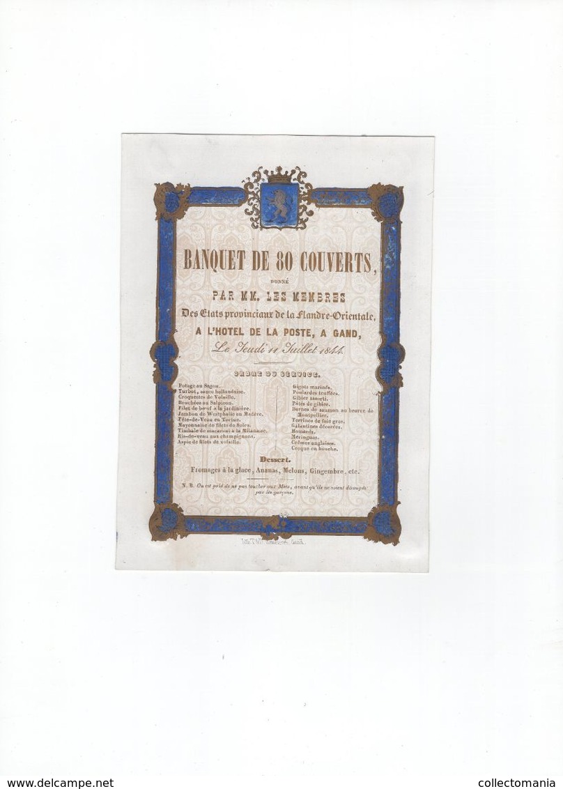 1 Carte Porcelaine  Banquet  Menu  Des Etats Provinciaux De La Flandre -Orientale à L'Hotel De La Poste Gand  1844 - Altri & Non Classificati